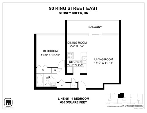 A floor plan for a property at 90 King Street East shows a bedroom, a living room, a dining room, a kitchen, a balcony, and a laundry room.